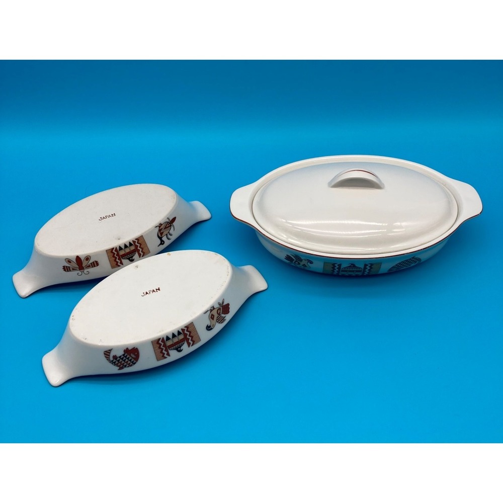 Vintage Mid Century Japan Ceramic Casserole Set Tribal Bird Fish 3-Piece